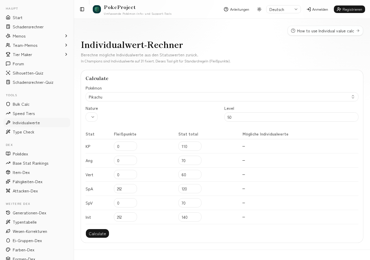 Screenshot of the Individual value calculator