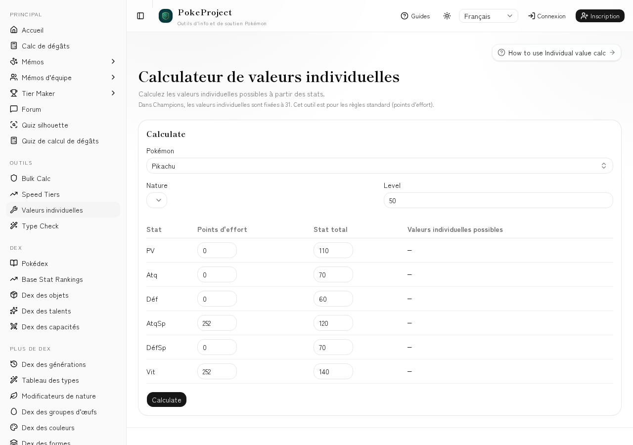 Screenshot of the Individual value calculator