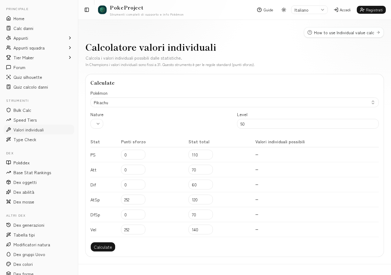 Screenshot of the Individual value calculator