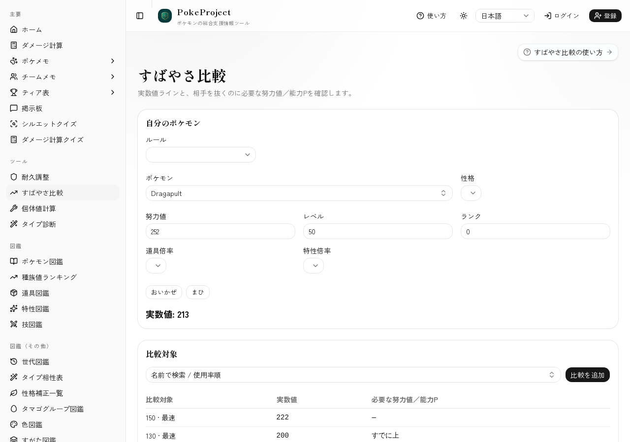 すばやさ比較ツール画面のスクリーンショット
