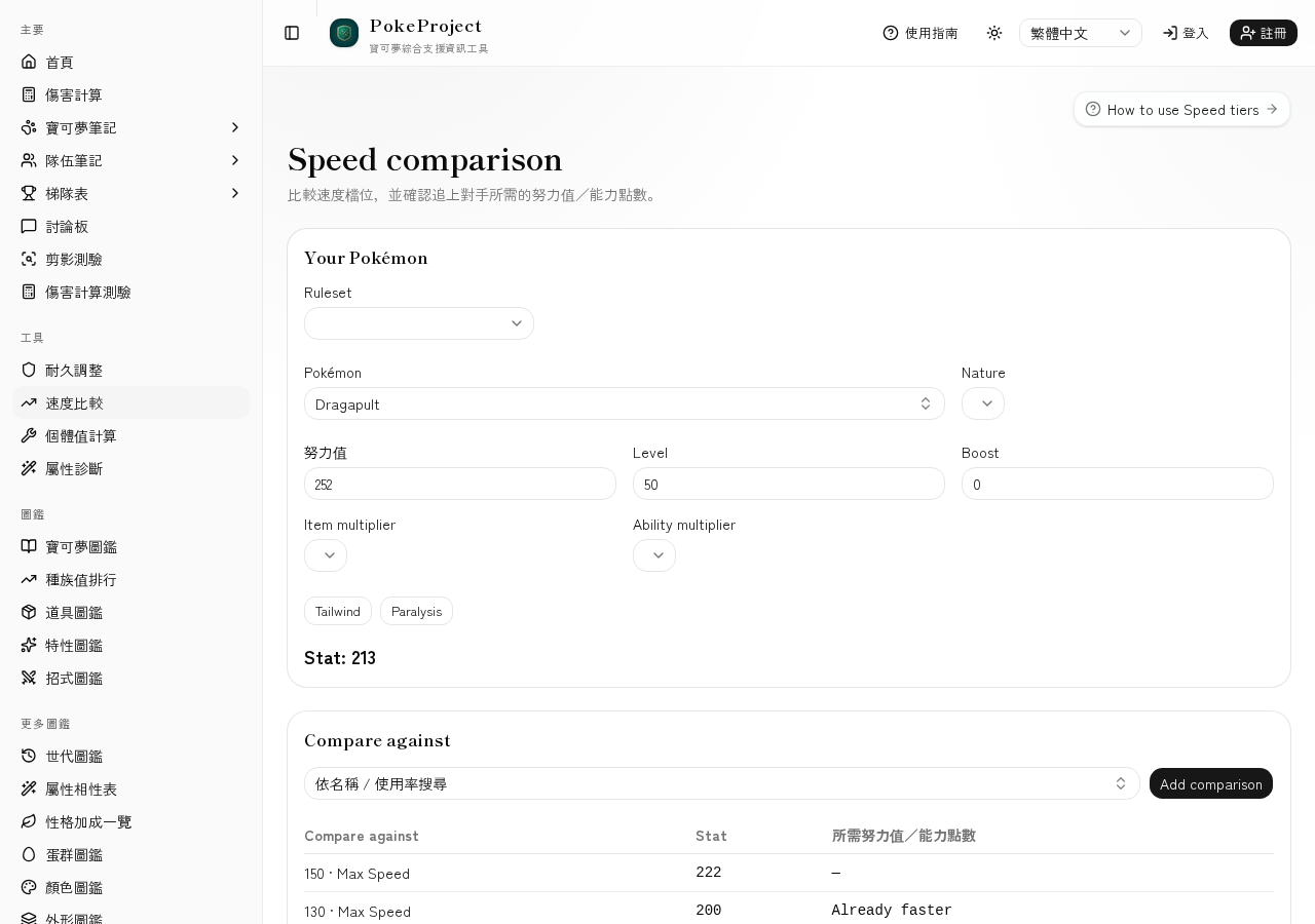 Screenshot of the Speed comparison tool